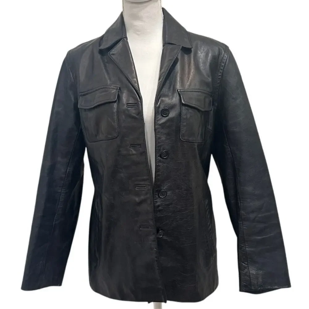 Vintage Y2K J. Crew‎ Black Leather Shacket Minimalist Preppy Heritage Old Money